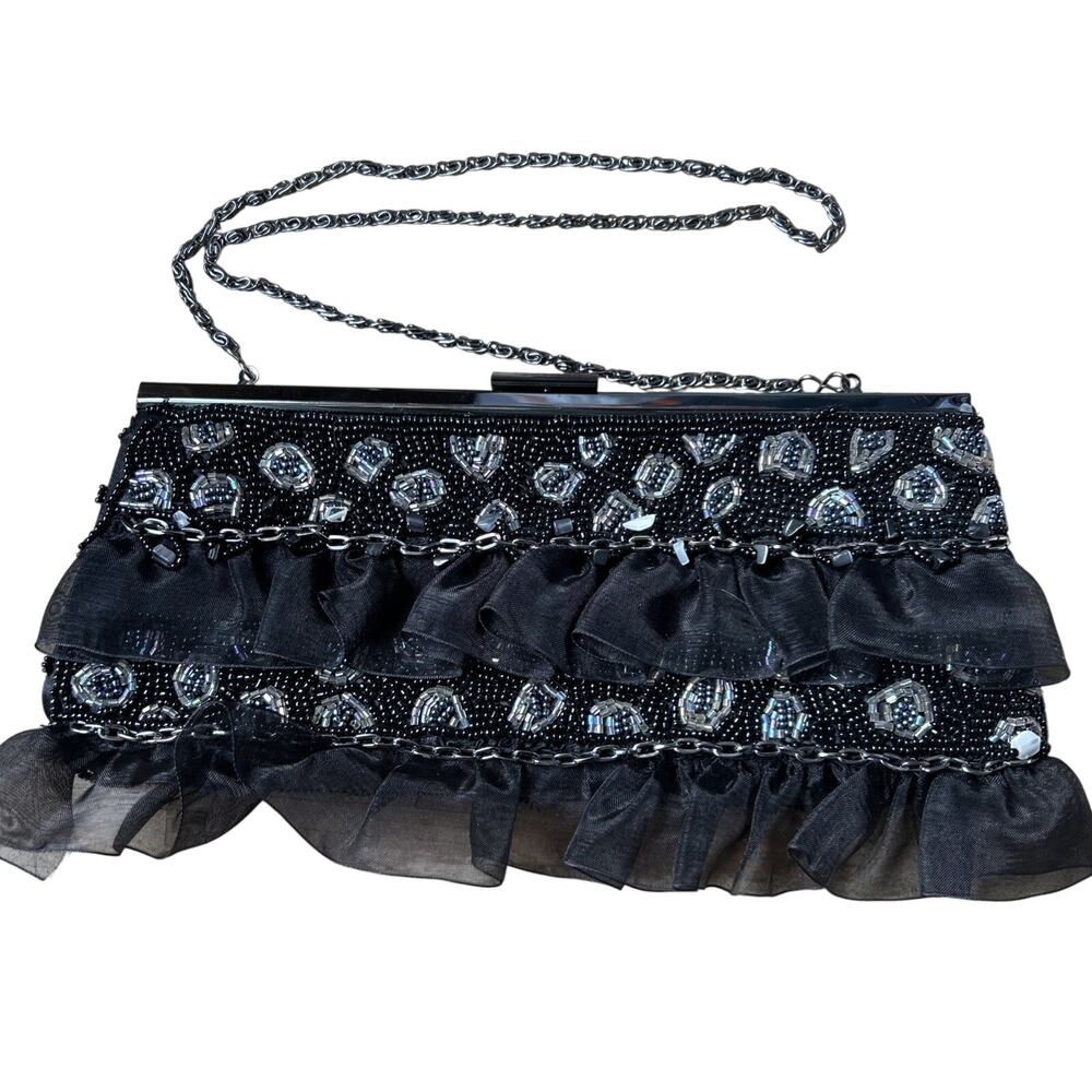 Small Evening Purse Clutch Black, Ruffle, Beaded, Removable Chain